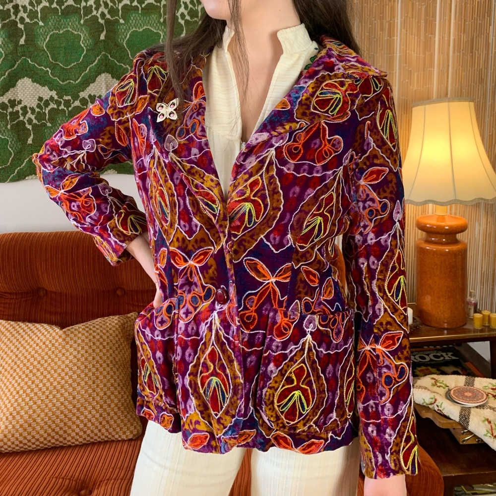 RARE 60s/70s Hippie, Woodstock Era Silk Velvet Embroidered Blazer Jacket - Picture 1 of 6
